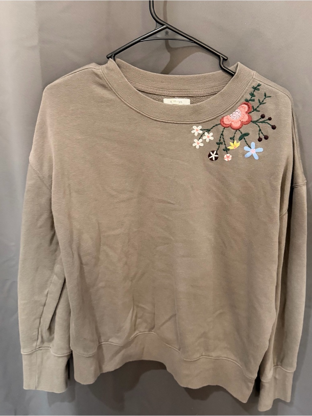 Maurices Taupe Crewneck Sweatshirt with Floral Embroidery